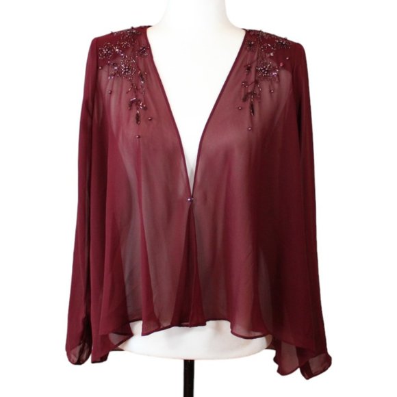 Tradition Beaded Over Blouse Size 8 Shoulder Pad Red Maroon Sheer High Low CA303 - Picture 1 of 13